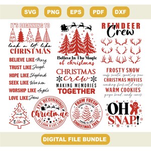 Könnte beinhalten: Ein digitales Dateipaket mit weihnachtlichen Designs in Rot, Weiß und Schwarz. Die Designs enthalten Texte wie "It's Beginning to Look a Lot Like Christmas" und "Believe in the Magic of Christmas". Es gibt auch Illustrationen von Weihnachtsbäumen und Rentieren.