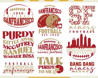 May include: A digital file bundle featuring various San Francisco 49ers football-themed designs. Includes text elements like "SANFRANCISCO", player names, and phrases such as "TALK PURDY TO ME". The designs are in red, gold, and white.