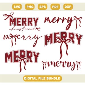 Könnte beinhalten: Ein digitales Dateipaket mit verschiedenen "Merry Christmas"-Designs in tiefroter Farbe. Die Designs umfassen verschiedene Schriftarten und Stile, einige mit Schleifenakzenten. Oben im Bild befinden sich Dateityp-Symbole: SVG, PNG, EPS, PDF und DXF.
