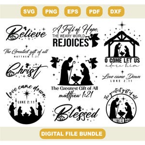 Puede incluir: Un paquete de archivos digitales con diseños navideños en blanco y negro. Los diseños incluyen siluetas del pesebre, ángeles y textos inspiradores como "Believe", "Christ" y "Blessed". Formatos de archivo: SVG, PNG, EPS, PDF y DXF.