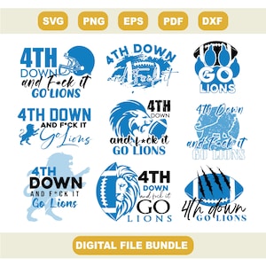 Könnte beinhalten: Ein digitales Dateipaket mit neun Designs mit Football-Grafiken. Jedes Design enthält den Text "4th Down" und "Go Lions" in Blau und Weiß, sowie weitere Phrasen.