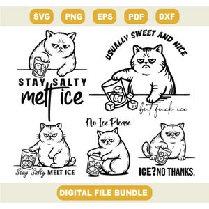 Könnte beinhalten: Ein digitales Dateipaket mit schwarz-weißen Illustrationen einer verärgerten Katze, die ein Getränk mit Eiswürfeln hält. Text enthält "Stay Salty Melt Ice", "Usually Sweet and Nice but fuck ice", und "No Ice Please".