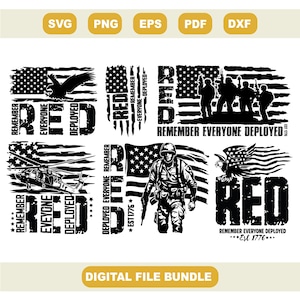 Könnte beinhalten: Ein digitales Dateipaket mit patriotischen Designs. Die Designs umfassen amerikanische Flaggen, Adler, Soldaten und Hubschrauber mit dem Text "RED Remember Everyone Deployed" und "EST 1776". Formate: SVG, PNG, EPS, PDF und DXF.