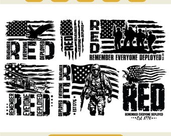 Peut inclure: Un ensemble de fichiers numériques avec des motifs patriotiques. Les motifs comprennent des drapeaux américains, des aigles, des soldats et des hélicoptères, avec le texte "RED Remember Everyone Deployed" et "EST 1776". Formats : SVG, PNG, EPS, PDF et DXF.