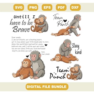 Könnte beinhalten: Digitales Dateipaket mit Cartoon-Affen in verschiedenen Posen. Der Text enthält "Until I have to be Brave", "Team Punch" und "Stay Kind". Das Bild enthält auch ein Gedicht und die Worte "Digital File Bundle".