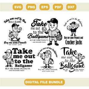 Könnte beinhalten: Ein digitales Dateipaket mit Baseball-Designs. Die Schwarz-Weiß-Illustrationen zeigen eine Erdnussfigur in einer Baseball-Uniform mit dem Text "Take me out to the Ballgame". Enthält auch den Text "Buy me some Peanuts and Cracker Jacks."