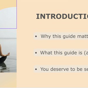 Pode incluir: Uma pessoa em pose de ioga na &aacute;gua, com o texto "INTRODUCTION" e marcadores: "Por que este guia &eacute; importante", "O que este guia &eacute; (e n&atilde;o &eacute;)" e "Voc&ecirc; tamb&eacute;m merece ser visto". A imagem tem um esquema de cores claro.
