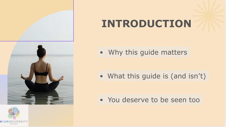 Pode incluir: Uma pessoa em pose de ioga na &aacute;gua, com o texto "INTRODUCTION" e marcadores: "Por que este guia &eacute; importante", "O que este guia &eacute; (e n&atilde;o &eacute;)" e "Voc&ecirc; tamb&eacute;m merece ser visto". A imagem tem um esquema de cores claro.