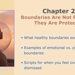 Pode incluir: Slide de apresenta&ccedil;&atilde;o sobre neurodiversidade. Uma mulher em perfil dentro de uma bolha transparente, com um fundo de p&ocirc;r do sol. O texto diz "Cap&iacute;tulo 2: Limites n&atilde;o s&atilde;o rejei&ccedil;&atilde;o, s&atilde;o prote&ccedil;&atilde;o" e tem marcadores.