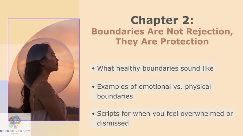 Pode incluir: Slide de apresenta&ccedil;&atilde;o sobre neurodiversidade. Uma mulher em perfil dentro de uma bolha transparente, com um fundo de p&ocirc;r do sol. O texto diz "Cap&iacute;tulo 2: Limites n&atilde;o s&atilde;o rejei&ccedil;&atilde;o, s&atilde;o prote&ccedil;&atilde;o" e tem marcadores.