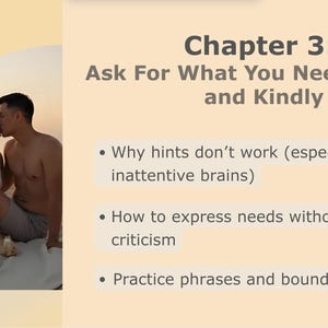 Pode incluir: Slide de apresenta&ccedil;&atilde;o com o t&iacute;tulo "Cap&iacute;tulo 3: Pe&ccedil;a o que precisa, de forma clara e gentil". O slide inclui marcadores sobre comunica&ccedil;&atilde;o e uma foto de um casal se beijando em uma praia ao p&ocirc;r do sol.