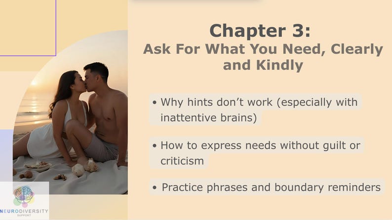 Pode incluir: Slide de apresenta&ccedil;&atilde;o com o t&iacute;tulo "Cap&iacute;tulo 3: Pe&ccedil;a o que precisa, de forma clara e gentil". O slide inclui marcadores sobre comunica&ccedil;&atilde;o e uma foto de um casal se beijando em uma praia ao p&ocirc;r do sol.