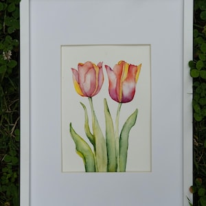 オリジナル水彩画、花瓶のチューリップの花 - 静物画、11x14