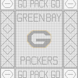 May include: A cross-stitch pattern featuring the Green Bay Packers logo, a gold "G" on a green background, surrounded by the words "GO PACK GO", "GREEN BAY", and "PACKERS". The design is on a grid.