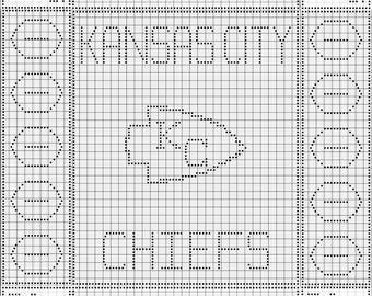 May include: Black and white cross-stitch pattern featuring the words "KANSAS CITY CHIEFS" and the team's logo. The design includes the letters "KC" and football shapes around the border, set against a grid background.