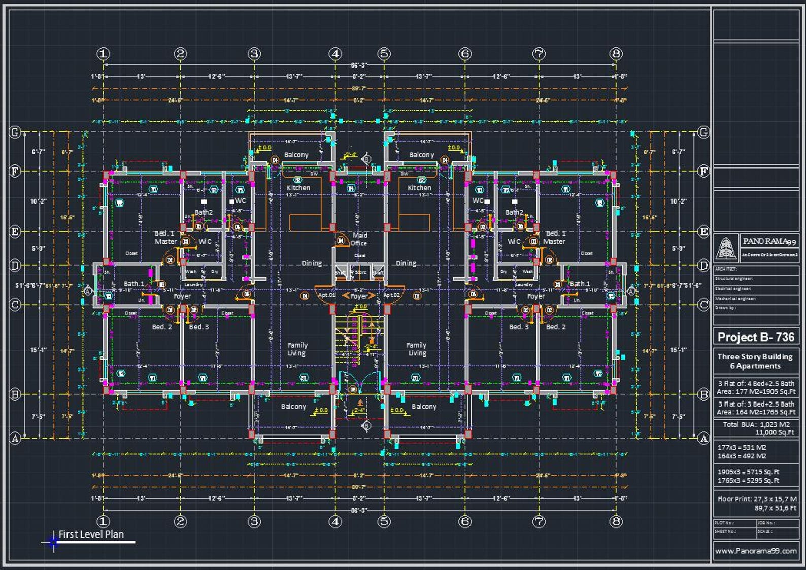 B-736| Apartment Building Plans – 6-flat Complexdesign With 2 and 3 ...