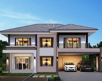 V-439| Modern Duplex Villa Plans – Luxury 4-bedroom house design with pool and 2 car garage.