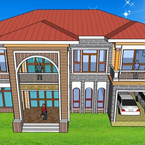 V-725| Huisplattegronden met twee verdiepingen, duplexwoningontwerp blauwdrukken, plattegronden huis met zwembad | 6 slaapkamers en 5,5 badkamers. 5 Wonen 2 auto's