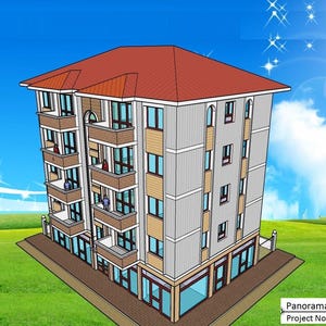 B-747| Plattegronden voor woningbouw met 5 verdiepingen – 7 winkels en 8 appartementen