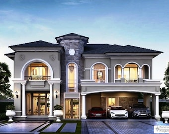 V-910| Modern Luxury Villa, Spanish style duplex house plans, with 5 bedroom and 3 car garage.