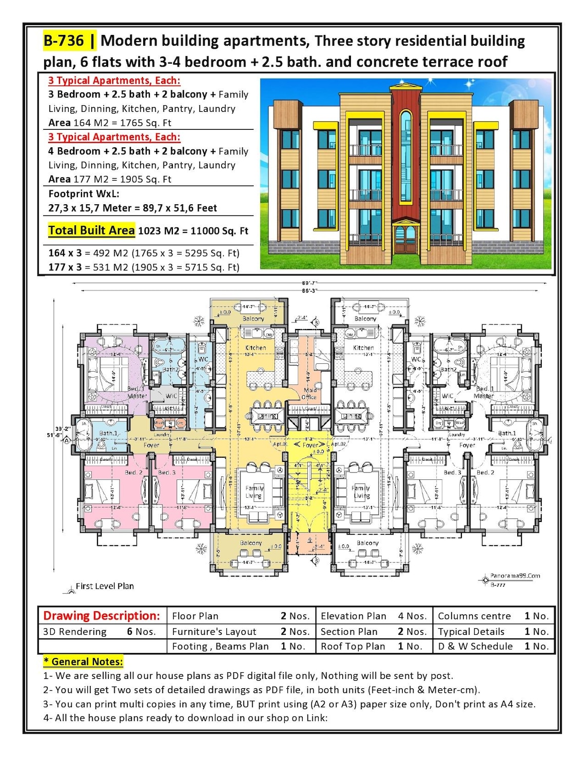 B-736| Apartment Building Plans – 6-flat Complexdesign With 2 and 3 ...