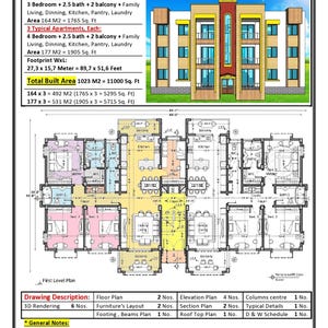 Può includere: Planimetria architettonica di un edificio di appartamenti a tre piani con sei appartamenti, con 3-4 camere da letto, 2,5 bagni e un tetto-terrazzo in cemento. Il piano comprende planimetrie, prospetti e dettagli, con aree misurate in metri quadrati.