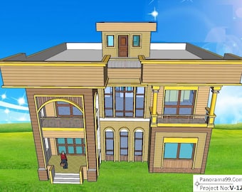 V-123/ Planos de casa moderna de dos pisos: casa familiar de 5 habitaciones