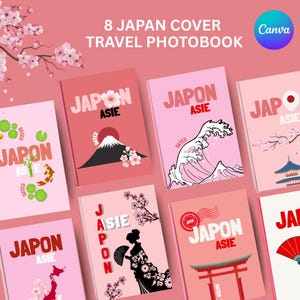 以下が含まれることがあります： ピンク色の表紙の8冊の旅行フォトブックのコレクション。各表紙には日本のテーマのイラストが描かれています。富士山、桜、日本の伝統芸術の画像が表示されています。「JAPON ASIE」の文字が表紙に表示されています。