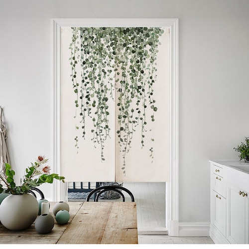 rideau de plantes, rideau de feuilles, noren japonais, rideau japonais, tapisserie murale, rideau vert, rideau en lin, rideau court