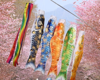 traditional japanese koi flags set in gold, carp flag, carp banner, Koinobori, japanese decor, carp windsocks, koi kite