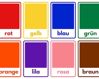 May include: A set of eight color flashcards with white borders. Each card displays a solid color: red, yellow, blue, green, orange, purple, pink, and brown. The color names are written in German.