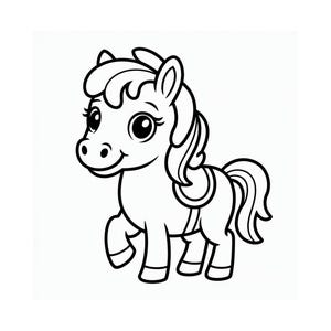 Cute pony coloring page – children&#39;s coloring page, baby animal farm, black and white to color