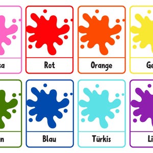 Può includere: Otto schede con schizzi di vernice rosa, rossa, arancione, gialla, verde, blu, turchese e viola. Ogni scheda mostra il nome del colore in tedesco: Rosa, Rot, Orange, Gelb, Grün, Blau, Türkis e Lila.