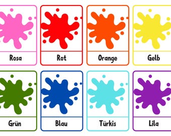 May include: Eight flashcards with colorful paint splatters in pink, red, orange, yellow, green, blue, turquoise, and purple. Each card has the color name in German: Rosa, Rot, Orange, Gelb, Grün, Blau, Türkis, and Lila.