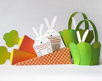 DIY Printable  BUNNY PARTY Rabbit Garden Basket Carrots treats boxes  Decor Paper Craft Kit- Diy-Paper Toy Easter decoration Ornament Spring