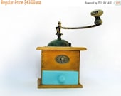 1940 39 s Wooden Coffee Grinder Mill - antique French coffee grinder - turquoise grinder - turquoise shabby chic kitchen decor