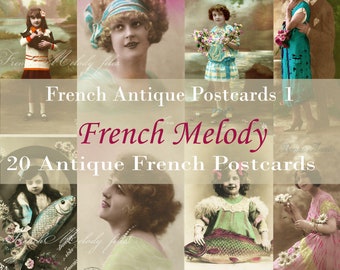 Printable FRENCH POSTCARD, DIY 20 antique french postcards in original size, download Digital, Junk Journal Ephemera, Journal Supplies