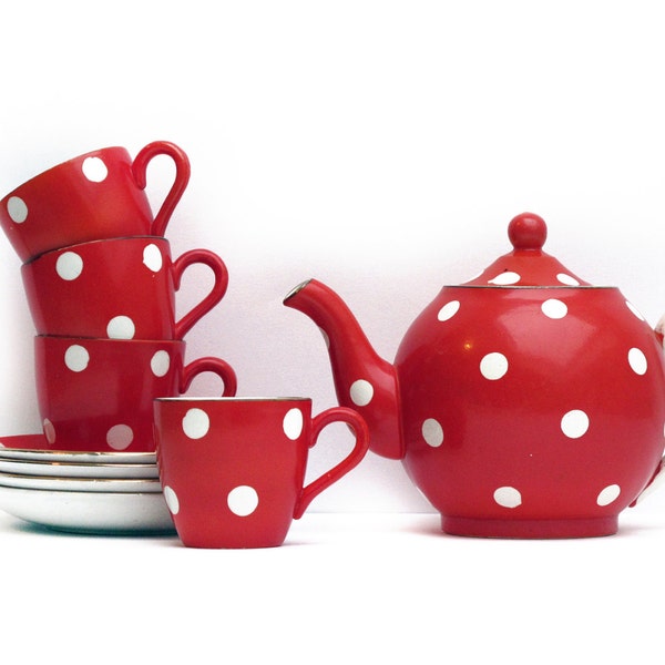 Tea Set of 4 Pretty french vintage cafe au lait cup,saucers,Teapot,Confetti from DIGOIN with red and white geometrical pattern, polka dots