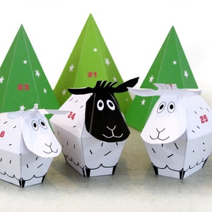 ADVENTSKALENDER 25 kleine Schafe und Dekor Papier Bastelset Diy-Papier Spielzeug-Urlaub Dekor DRUCKBARE pdf Weihnachtsverzierung Bild 1