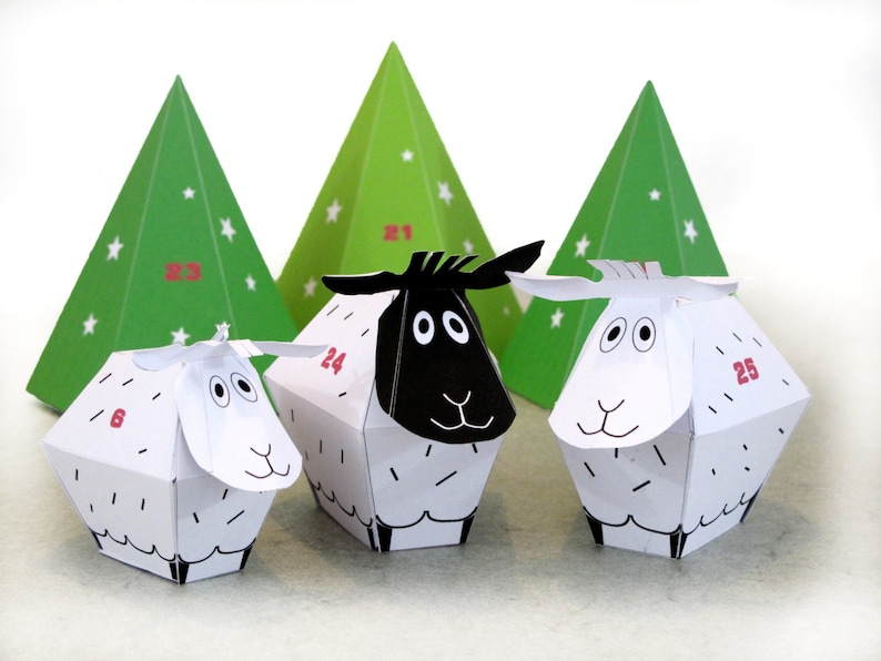 CALENDARIO DE ADVIENTO 25 ovejitas y decoración Kit de artesanía de papel Bricolaje-Juguete de papel-Decoración navideña Pdf IMPRIMIBLE Adorno navideño imagen 1