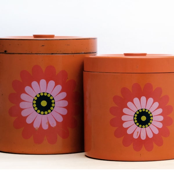 2 Large wooden caniter, red and orange 70s retro flowers strorage box 1970, Scandinavian home decor: