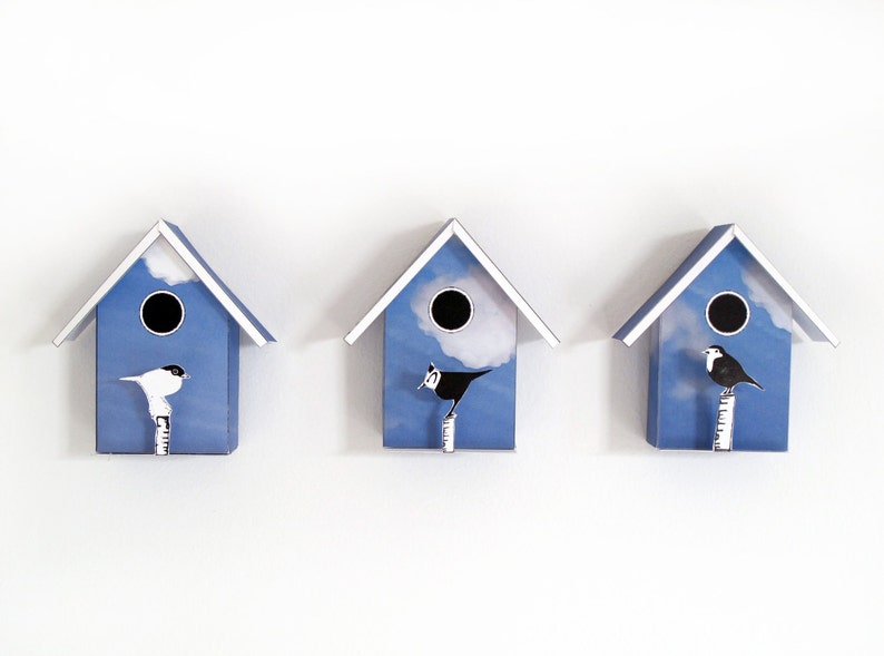 May include: Three blue birdhouses with white trim, each with a different bird perched on a branch. The birdhouses have a sky blue background with white clouds and a round opening.