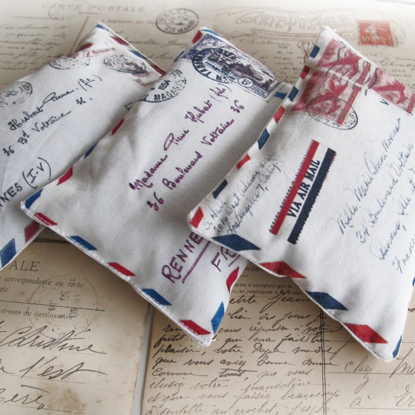Set of 3 organic French Lavender Sachets , mini pillows  french aeropostale letter, scented sachets , Mini Decorative Pillows