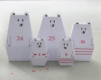 ADVENT CALENDAR -25 little Polar Bears and décor Paper Craft Kit- Diy-Paper Toy-Holidays décor- PRINTABLE pdf- Christmas Ornament
