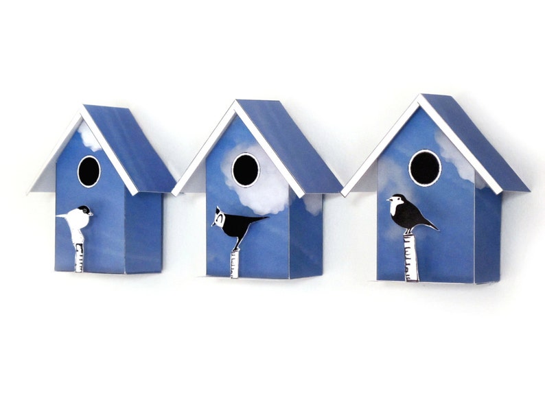 May include: Three blue birdhouses with white trim and a sky background. Each birdhouse has a small bird perched on a branch in front of it. The birds are black and white.