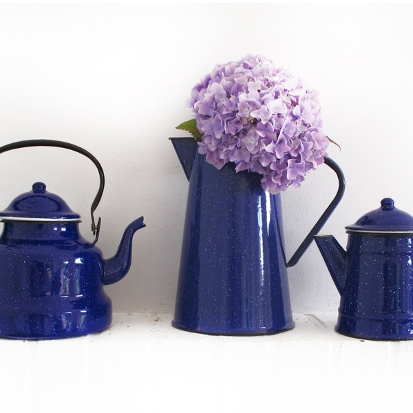 Enamelware French tea kettle ,vintage granny tea kettle- teakettle, gorgeous indigo blue and white speckled