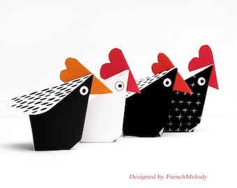 Printable CHICKEN DECOR - 4 little red Hens Paper Craft Kit- Diy- Paper Toy - Birthday Party- Favor-  pdf-Hens party - Holidays ornament