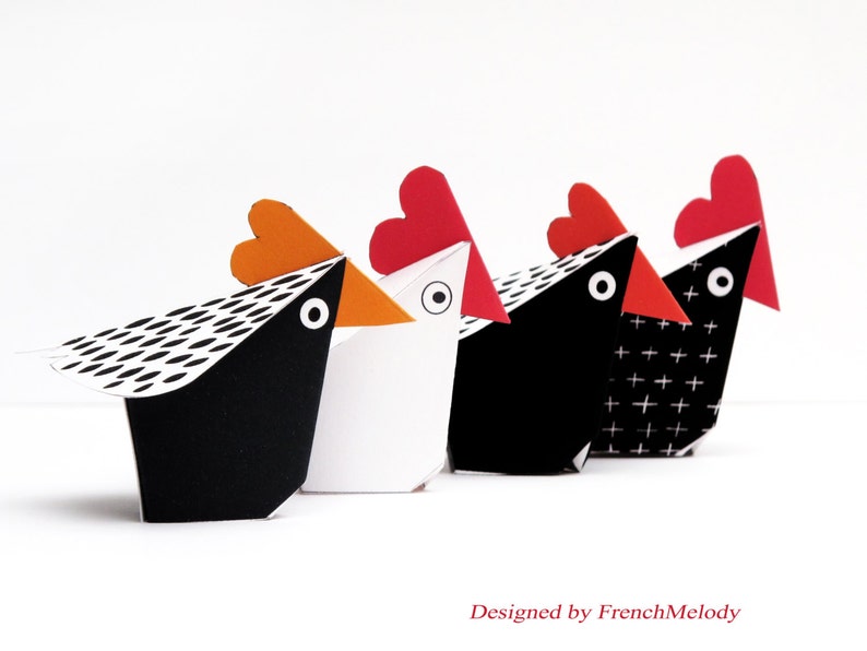 Printable CHICKEN DECOR 4 little red Hens Paper Craft Kit Diy Paper Toy Birthday Party Favor pdf-Hens party Holidays ornament image 1