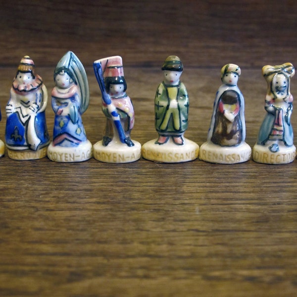 Vintage French FEVES porcelain glazed .8 VILLAGERS French miniature figurines.French History  Porcelain Figurines  Feves  Collectibles .