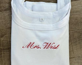 Personalized Mrs. Tank Top: Embroidered Bridal Bachelorette Party Shirt